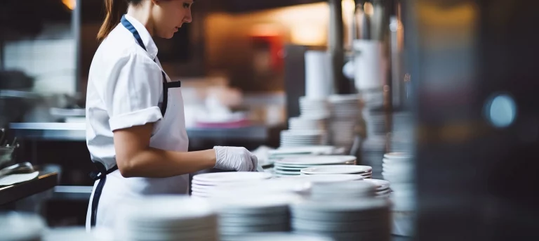 Mitarbeiterin beim Polieren von Geschirr in einer Hotelküche – professionelles Stewarding für höchste Hygienestandards